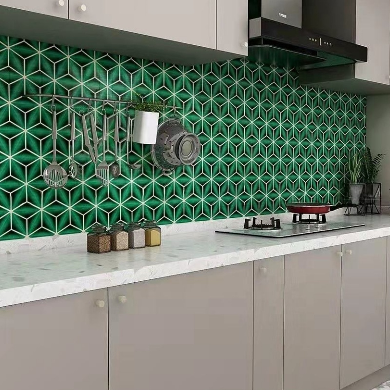 Popular Design Glossy Glazed Green Background Decorative Ceramic Mosaic Tiles Crafts Kitchen Wall Decor Mosaic